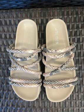 J/SLIDES Beige and Gray Snake-Print Strappy Slide Sandals